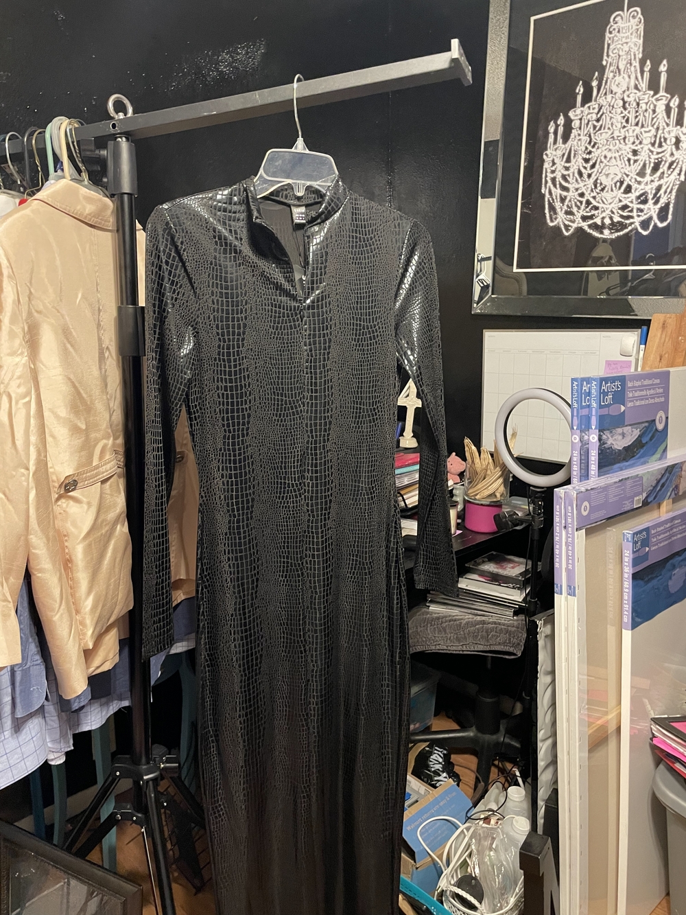 Black Faux-Croc Long Sleeve Maxi Dress